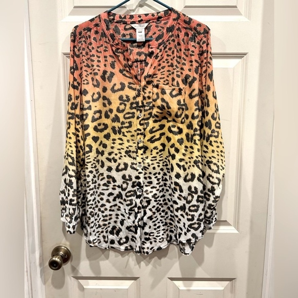 Multiples Women Leopard Ombre Gradient Button‎ Down Long Sleeve Shirt Top Size L